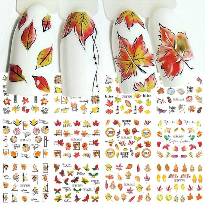 12pcs Maple Leaf Nail Stickers Pumpkin Geometric Water Decal