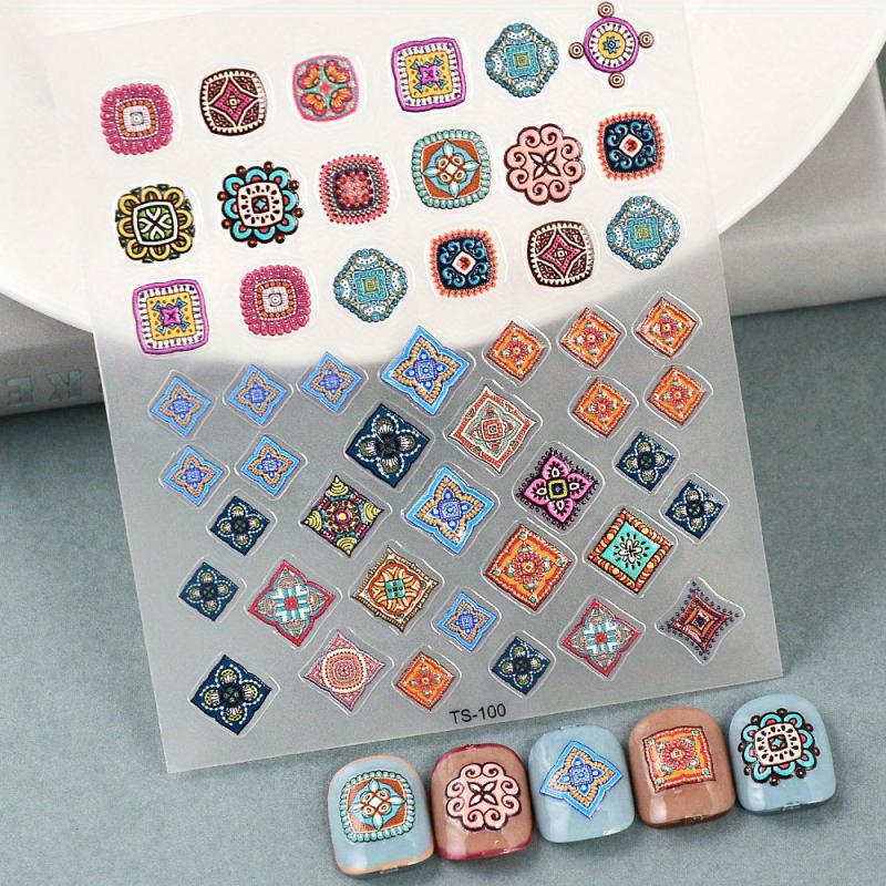 5D Embossed Totem Nail Art Stickers Retro Style Nail Decals Geometric Decoration