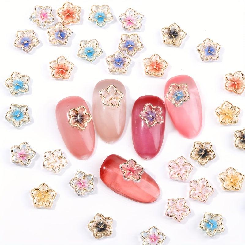 50pcs 3D Ice Flower Nail Art Charms with Golden Edge Resin Nail Art Jewelry