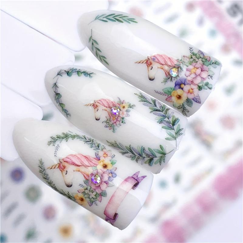 Unicorn Nail Art Stickers 3D Self Adhesive Flowers Green Nail Art Decals