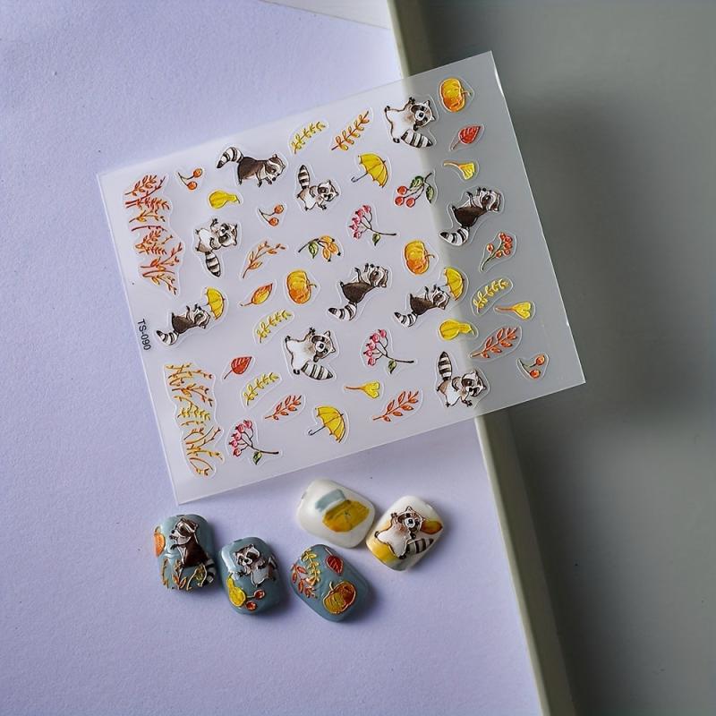 5D Embossed Raccoon Pumpkin Nail Decals, DIY Nail Stickers