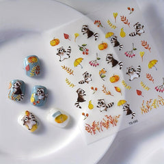 5D Embossed Raccoon Pumpkin Nail Decals, DIY Nail Stickers