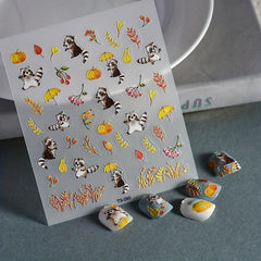 5D Embossed Raccoon Pumpkin Nail Decals, DIY Nail Stickers
