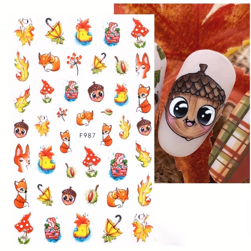 10pcs Maple Leaf Fruit Squirrel Nail Art Stickers