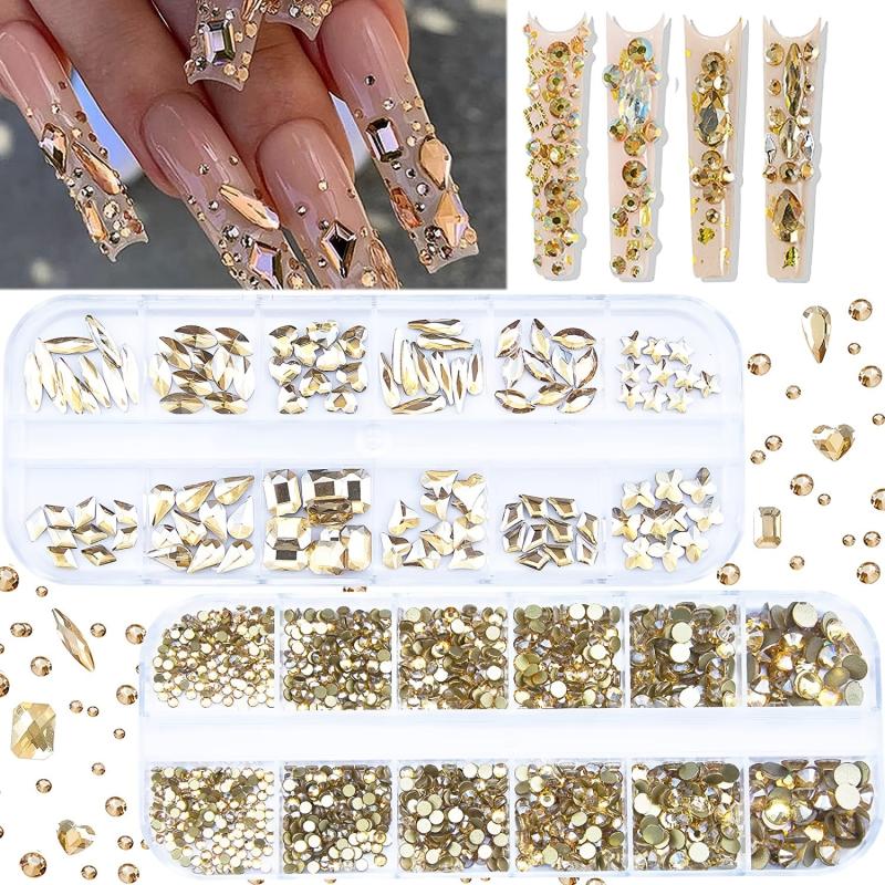 2420pcs Champagne Golden Crystal Rhinestones Nail Art Flatback Round Shapes