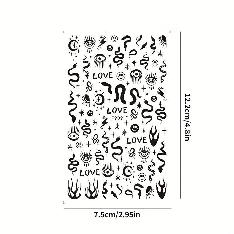 10 Sheets Waterproof Gothic 3D Nail Art Stickers Snake Rose Butterfly Fishbone