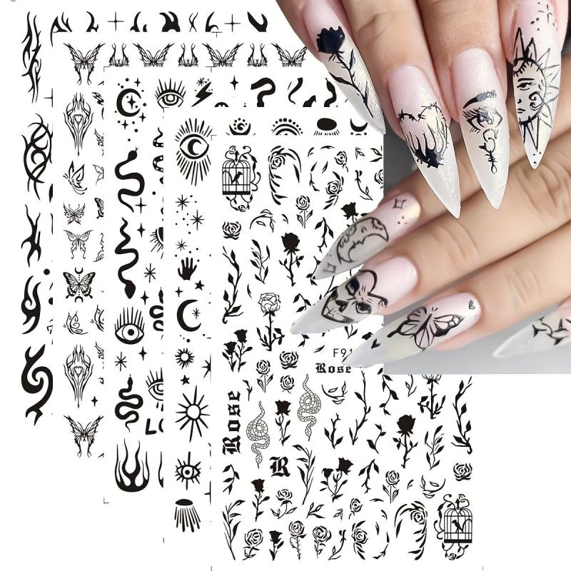 10 Sheets Waterproof Gothic 3D Nail Art Stickers Snake Rose Butterfly Fishbone