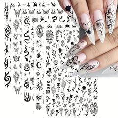 10 Sheets Waterproof Gothic 3D Nail Art Stickers Snake Rose Butterfly Fishbone