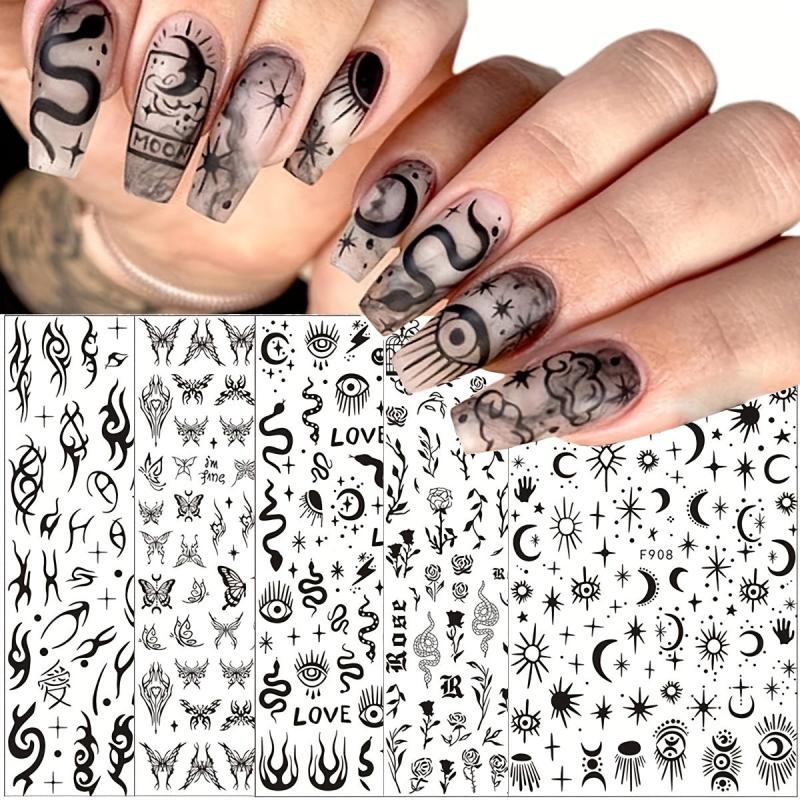 10 Sheets Waterproof Gothic 3D Nail Art Stickers Snake Rose Butterfly Fishbone