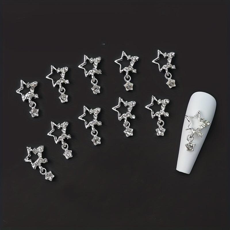 5 pcs Silver Star Nail Art Charms with Rhinestones for Sparkling Designs