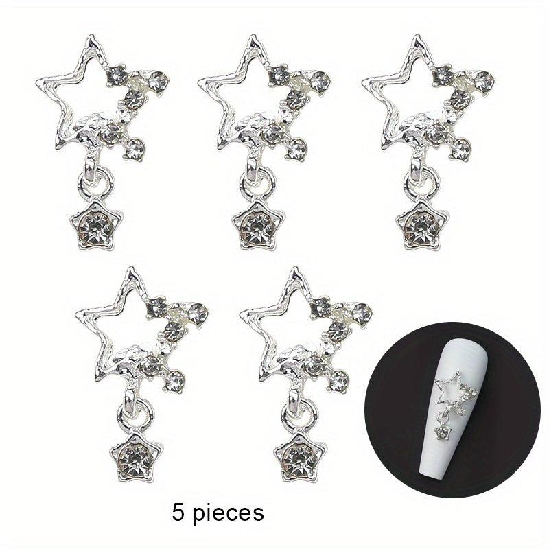 5 pcs Silver Star Nail Art Charms with Rhinestones for Sparkling Designs