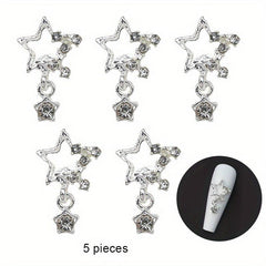 5 pcs Silver Star Nail Art Charms with Rhinestones for Sparkling Designs