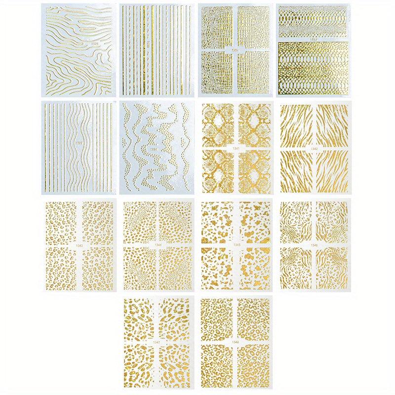 14pcs Laser Irregular Strip Nail Art Stickers Self Adhesive Golden Decals