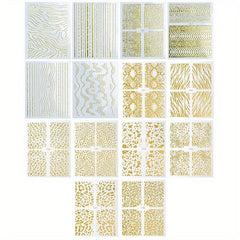 14pcs Laser Irregular Strip Nail Art Stickers Self Adhesive Golden Decals