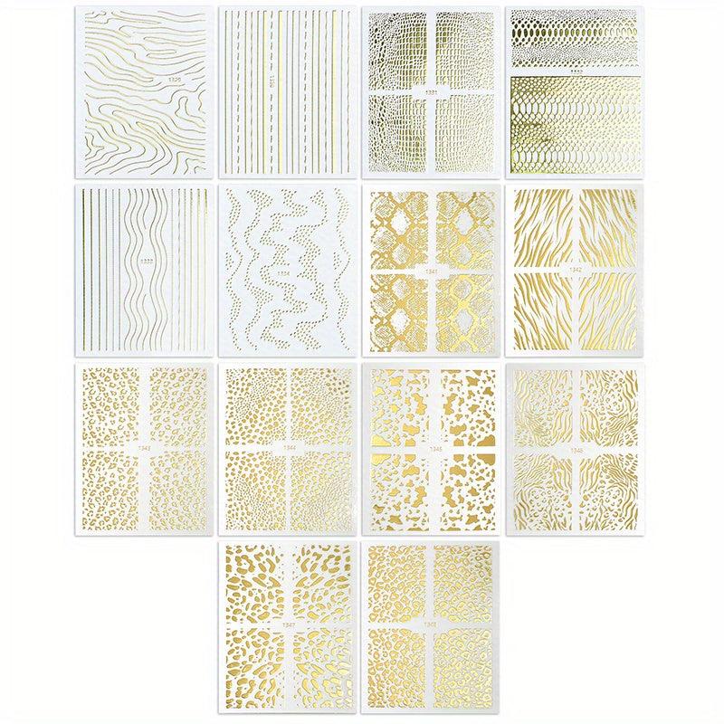 14pcs Laser Irregular Strip Nail Art Stickers Self Adhesive Golden Decals
