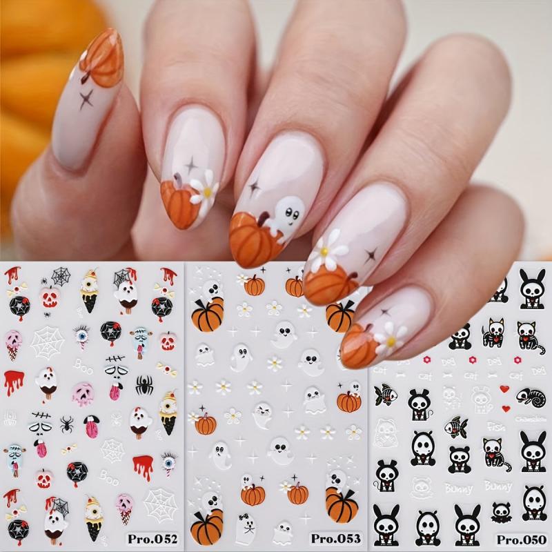 5D Halloween Nail Art Stickers - Skull Ghost Pumpkin Spider Bat