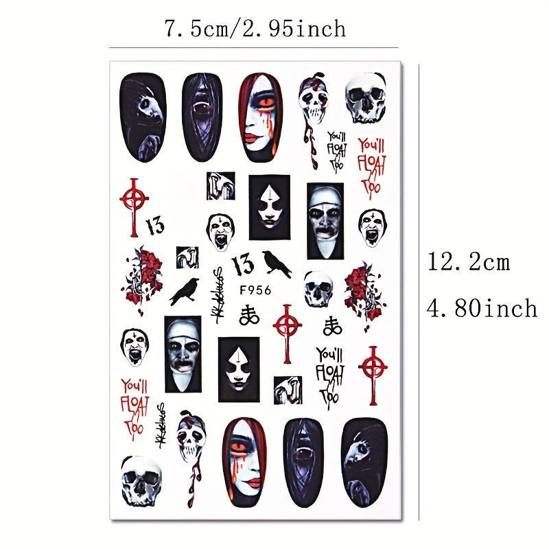 10pcs Halloween Nail Art Stickers Skull Rose Zombie Blood Butterfly Decals
