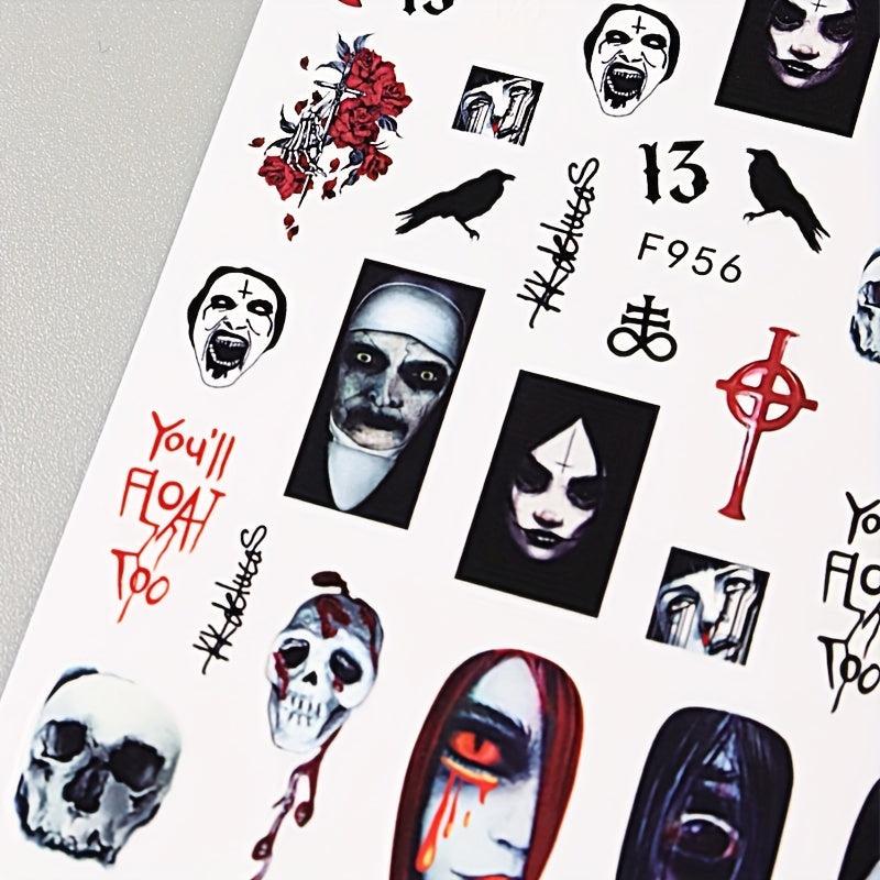 10pcs Halloween Nail Art Stickers Skull Rose Zombie Blood Butterfly Decals