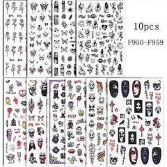 10pcs Halloween Nail Art Stickers Skull Rose Zombie Blood Butterfly Decals