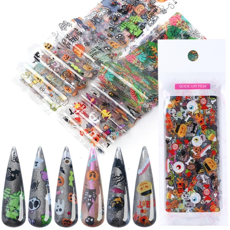 10pcs Halloween Nail Foil Transfer Stickers Ghost Pumpkin Spider Bat