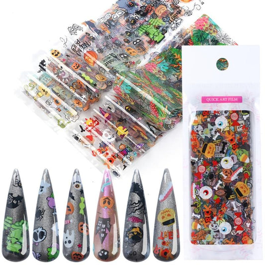 10pcs Halloween Nail Foil Transfer Stickers Ghost Pumpkin Spider Bat