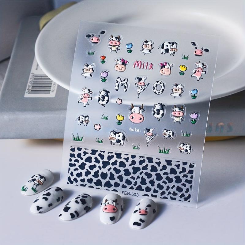 Cow Nail Art Sticker Decals 5D Embossed Cow Print Nail Art Supplies