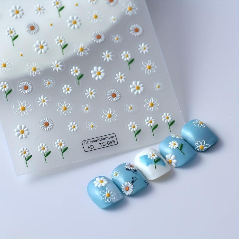 5D Embossed Daisy Nail Art Stickers Self Adhesive Flower Nail Decals