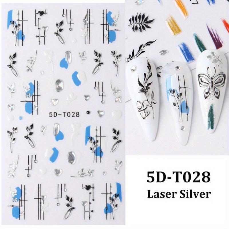 Leaves & Rose Flower Nail Stickers w/ Silvery Bronzing Adhesive Decals