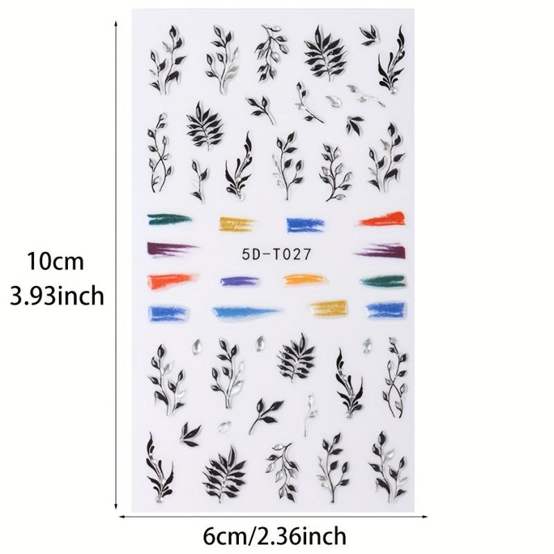 Leaves & Rose Flower Nail Stickers w/ Silvery Bronzing Adhesive Decals