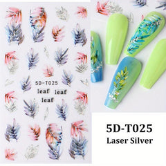 Leaves & Rose Flower Nail Stickers w/ Silvery Bronzing Adhesive Decals