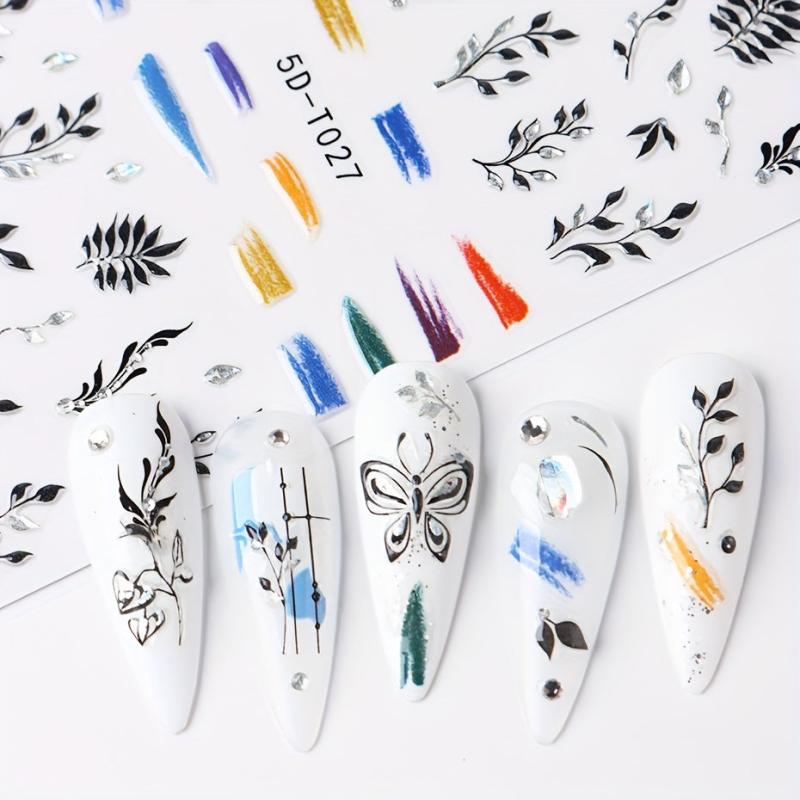 Leaves & Rose Flower Nail Stickers w/ Silvery Bronzing Adhesive Decals