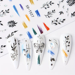 Leaves & Rose Flower Nail Stickers w/ Silvery Bronzing Adhesive Decals