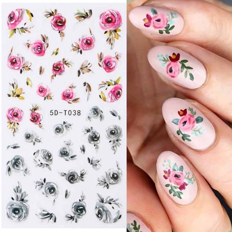 Leaves & Rose Flower Nail Stickers w/ Silvery Bronzing Adhesive Decals