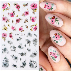 Leaves & Rose Flower Nail Stickers w/ Silvery Bronzing Adhesive Decals