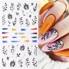 Leaves & Rose Flower Nail Stickers w/ Silvery Bronzing Adhesive Decals