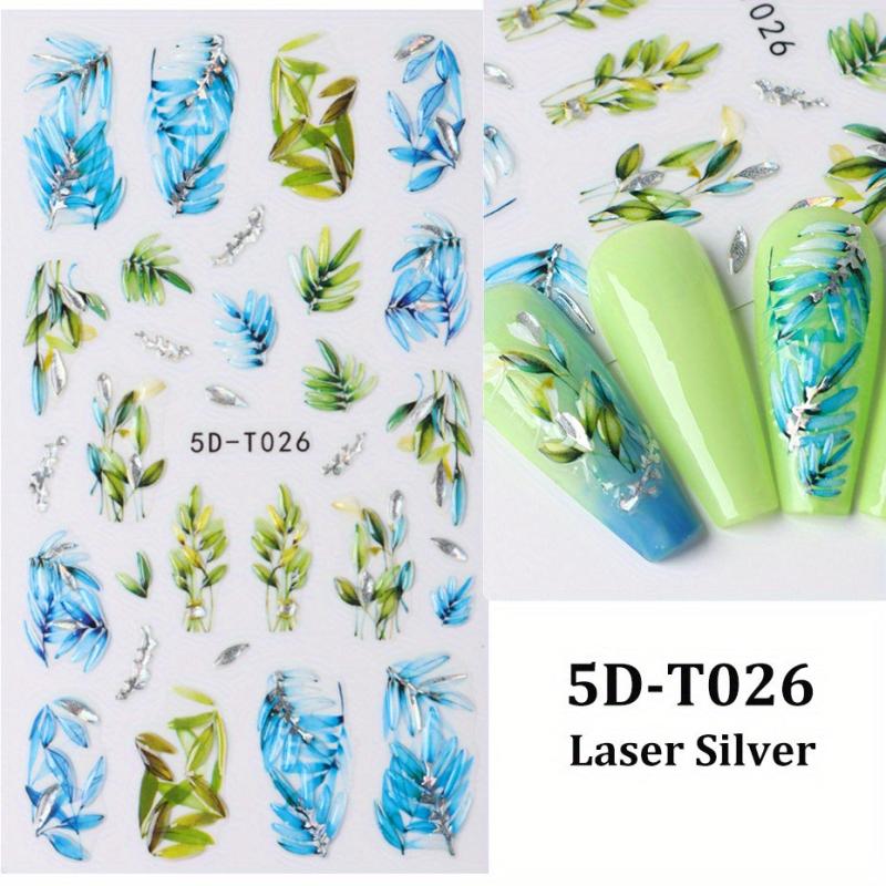 Leaves & Rose Flower Nail Stickers w/ Silvery Bronzing Adhesive Decals