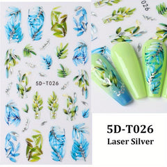 Leaves & Rose Flower Nail Stickers w/ Silvery Bronzing Adhesive Decals