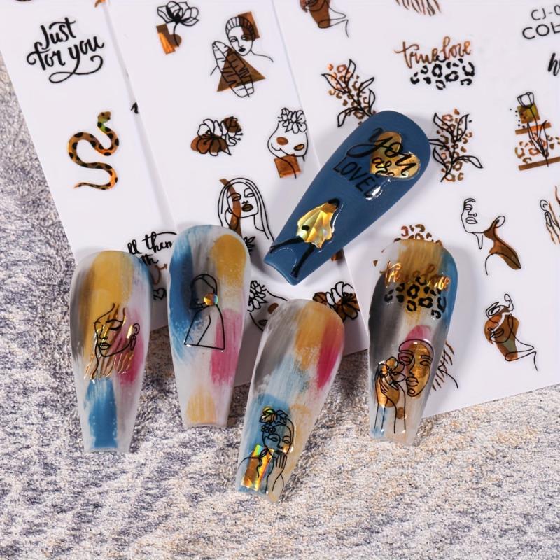 3D Laser Nail Art Stickers Abstract Face Leaf Snake Decals