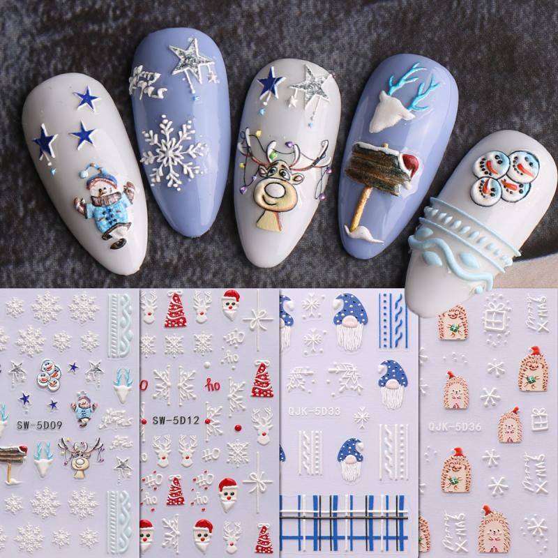 5D Embossed Christmas Nail Art Stickers Snowflake Snowman Santa Claus Reindeer