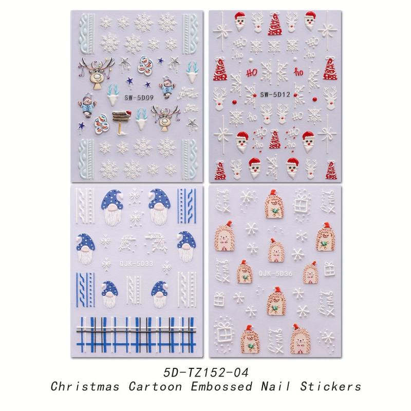5D Embossed Christmas Nail Art Stickers Snowflake Snowman Santa Claus Reindeer