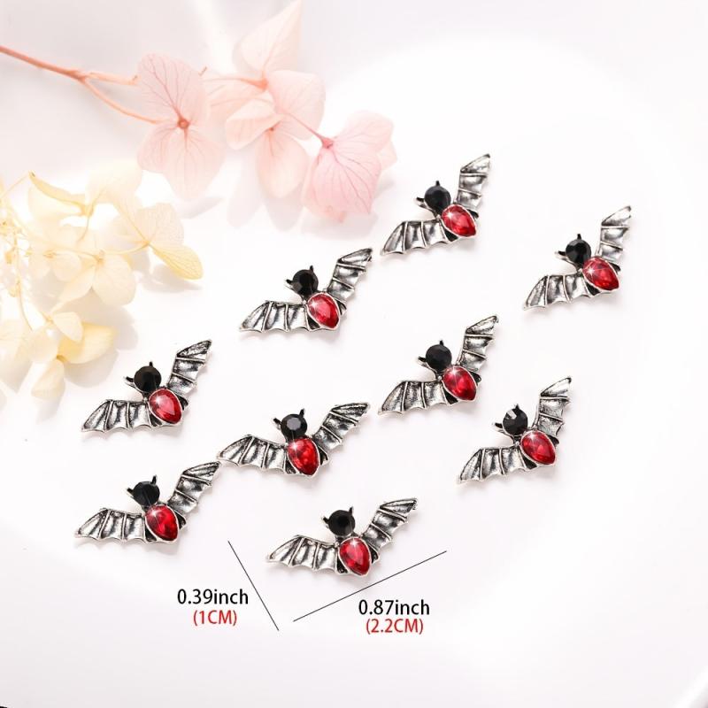 10 Pcs 3D Metal Bat Charm with Red Gem Nail Accessories for Nail Art