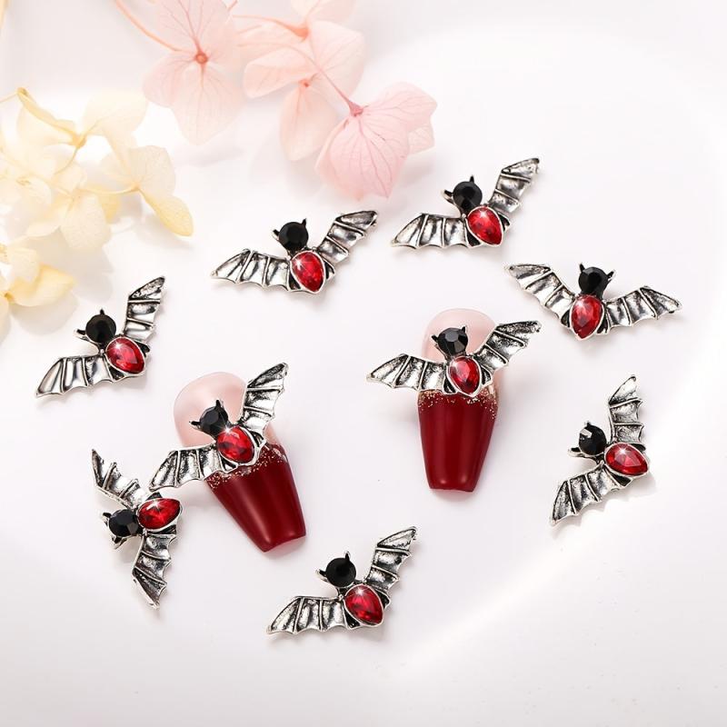 10 Pcs 3D Metal Bat Charm with Red Gem Nail Accessories for Nail Art