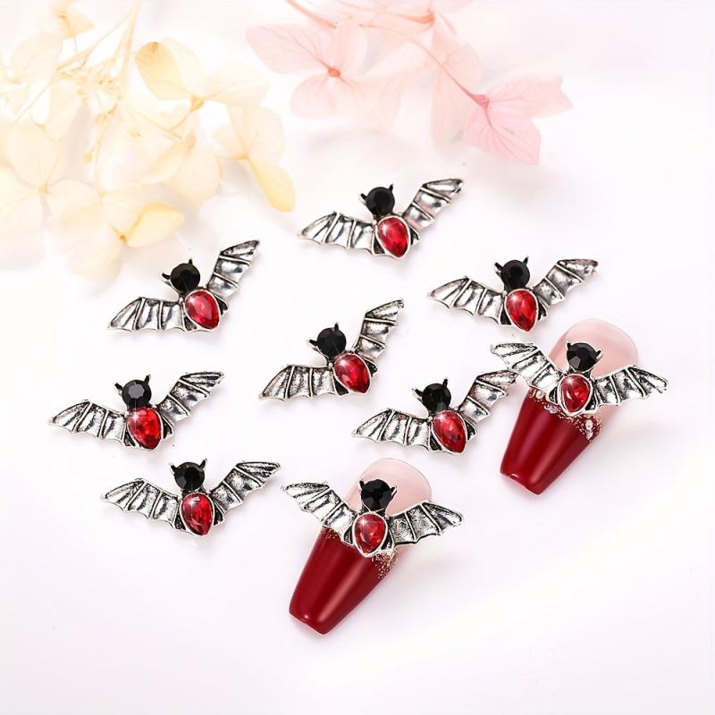 10 Pcs 3D Metal Bat Charm with Red Gem Nail Accessories for Nail Art