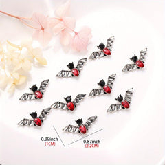 10 Pcs 3D Metal Bat Charm with Red Gem Nail Accessories for Nail Art