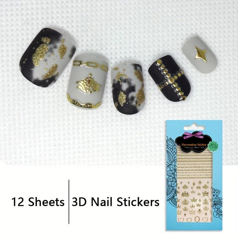 12 Sheets Golden Bronzing Nail Art Stickers Self Adhesive Geometric Line Nail