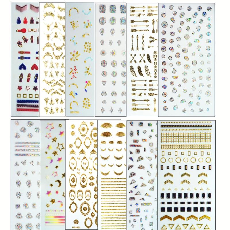 12 Sheets Golden Bronzing Nail Art Stickers Self Adhesive Geometric Line Nail