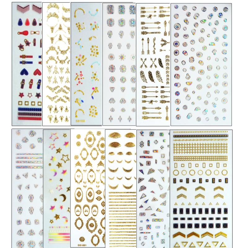 12 Sheets Golden Bronzing Nail Art Stickers Self Adhesive Geometric Line Nail