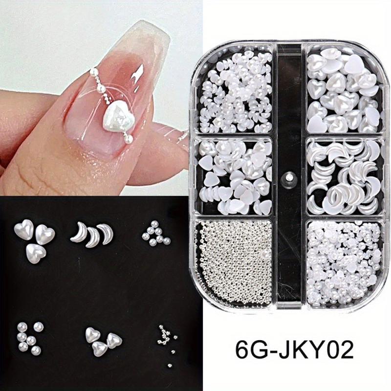 6 Grids Mixed Shape Nail Decor Kit Glass Clear & Peach Heart Charms Nail Decal
