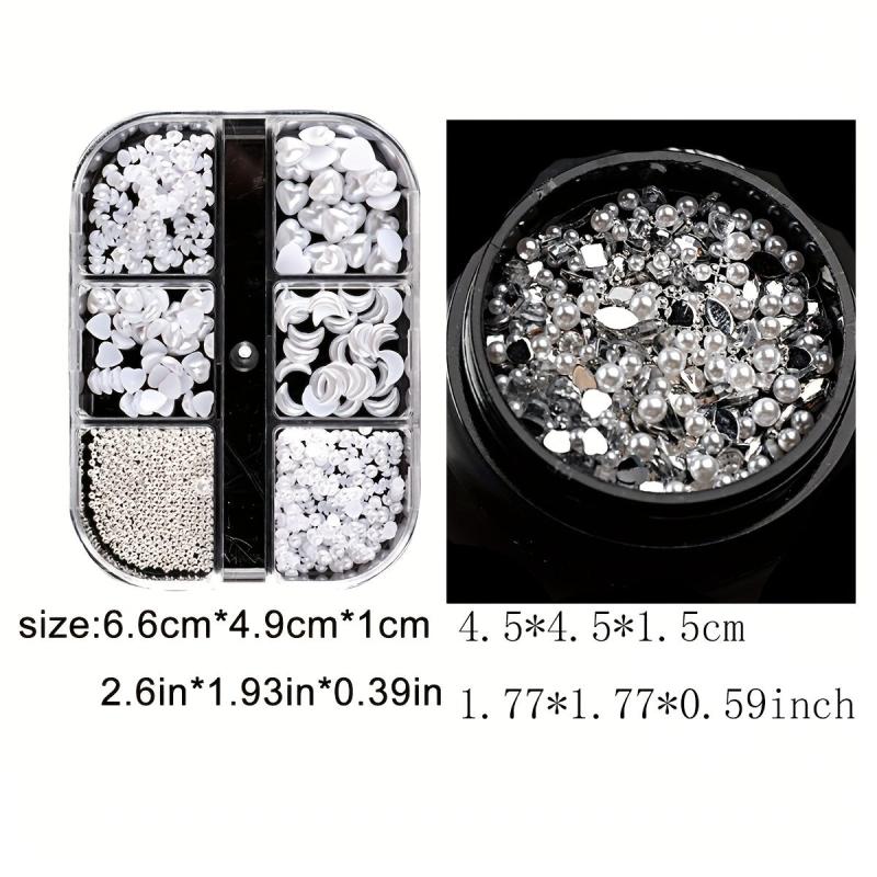 6 Grids Mixed Shape Nail Decor Kit Glass Clear & Peach Heart Charms Nail Decal