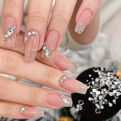 6 Grids Mixed Shape Nail Decor Kit Glass Clear & Peach Heart Charms Nail Decal